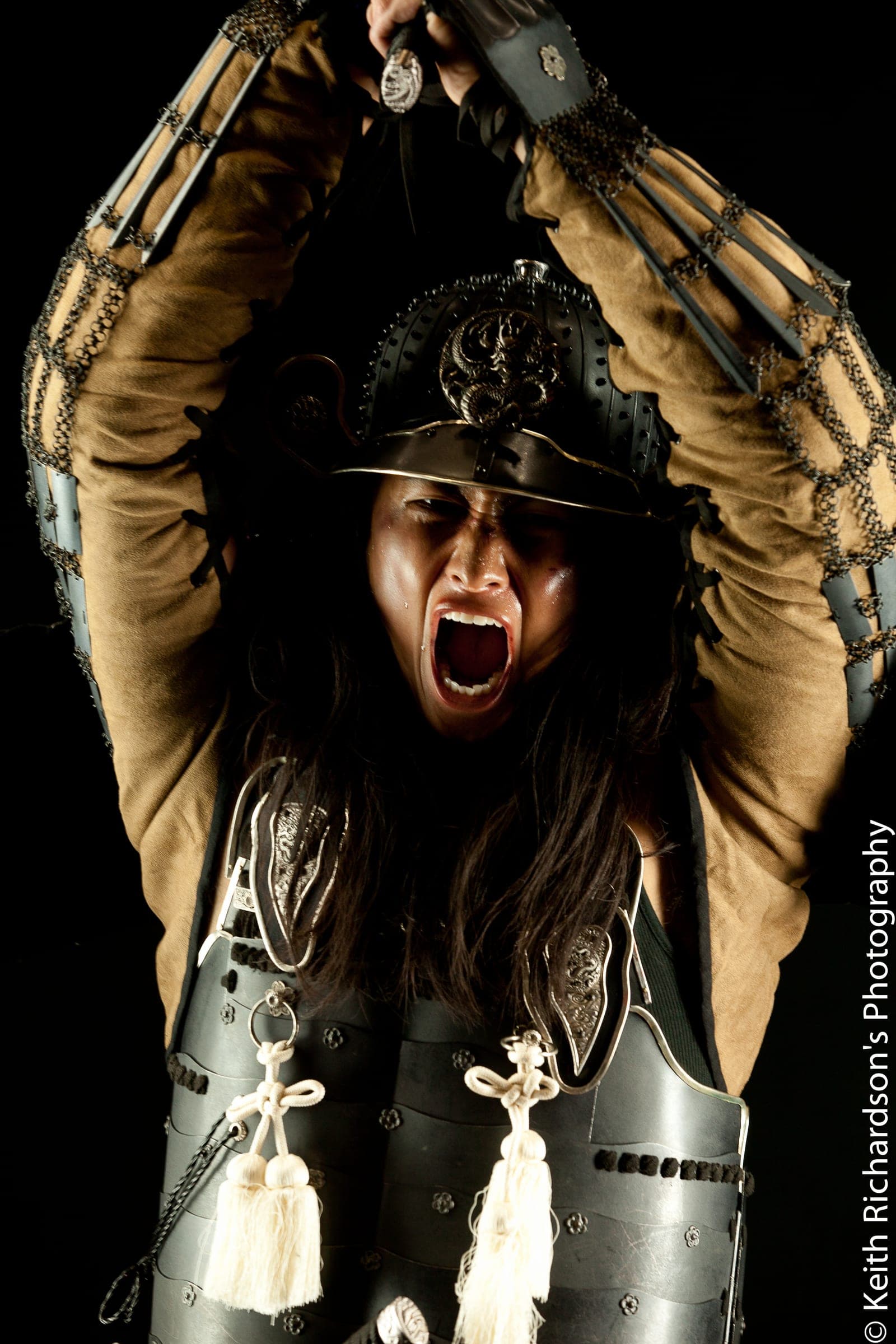 Samurai armor editorial, intense expression